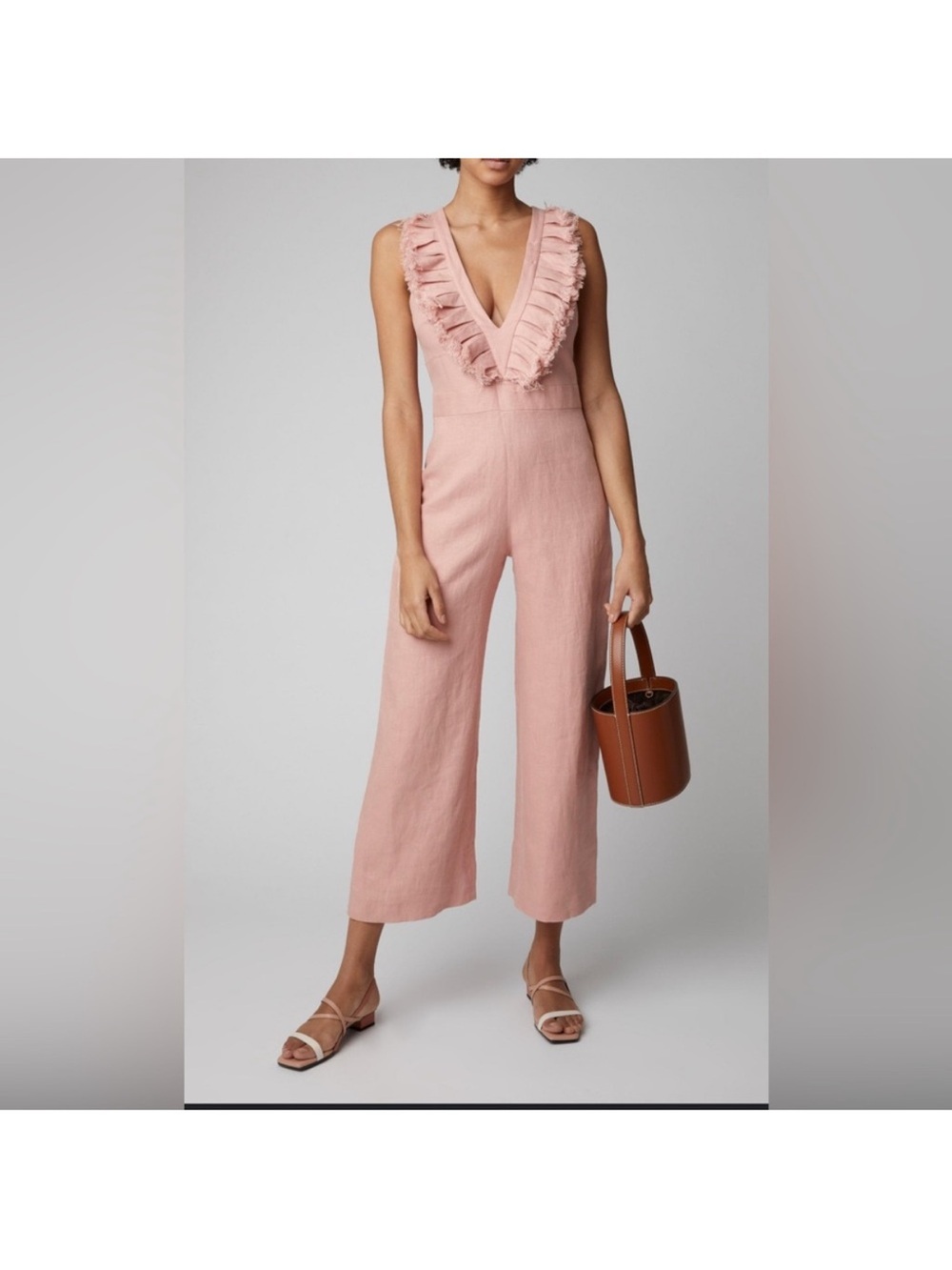 Alexis Odalys Linen Blush Pink Ruffle V-Neck Wide-Leg Jumpsuit Size XS NWOT - Picture 6 of 11